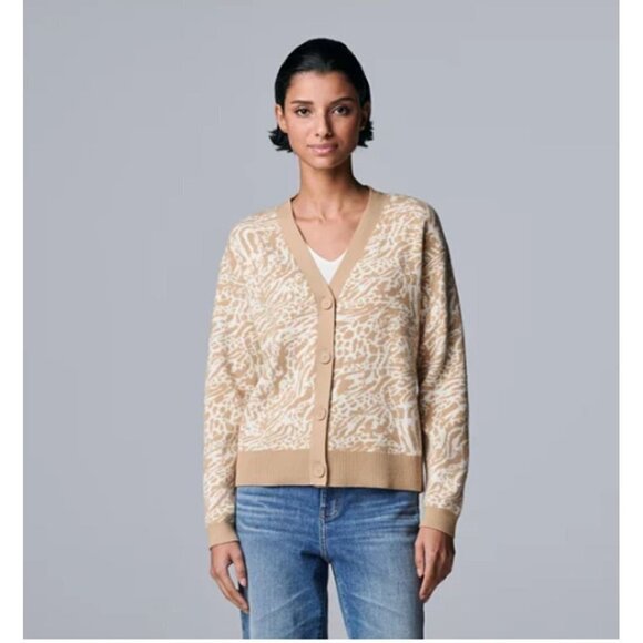 Simply Vera Wang Tan Animal Print Knit Cardigan Button Sweater Plus Sz XXL New - Picture 5 of 9